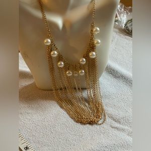 Pearl necklace with gold toned chain fringe
